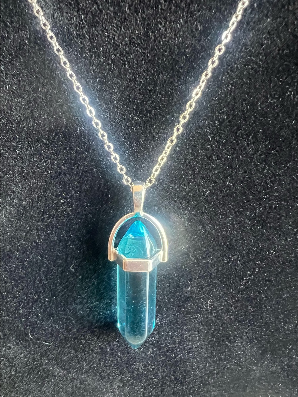Hexagon Crystal  blue gem bullet necklace with chain & black cord